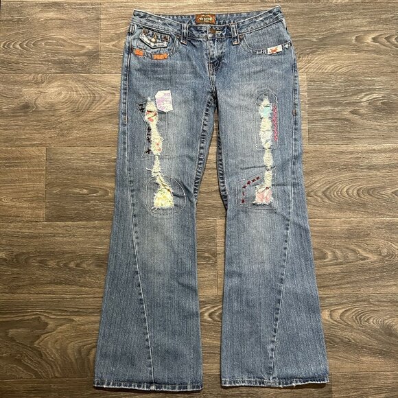 Be Good Denim - Be Good Size Large Patchwork Embroidered Denim Distressed Flare Jeans Y2K 00s
